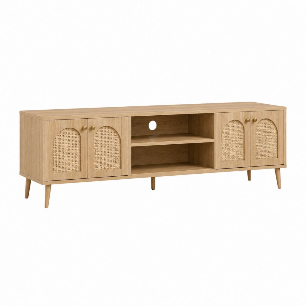 TV-Lowboard Eichenoptik mit Rattangeflecht 4 Türen 2 offenen Fächern 180 x 40 x 70 cm