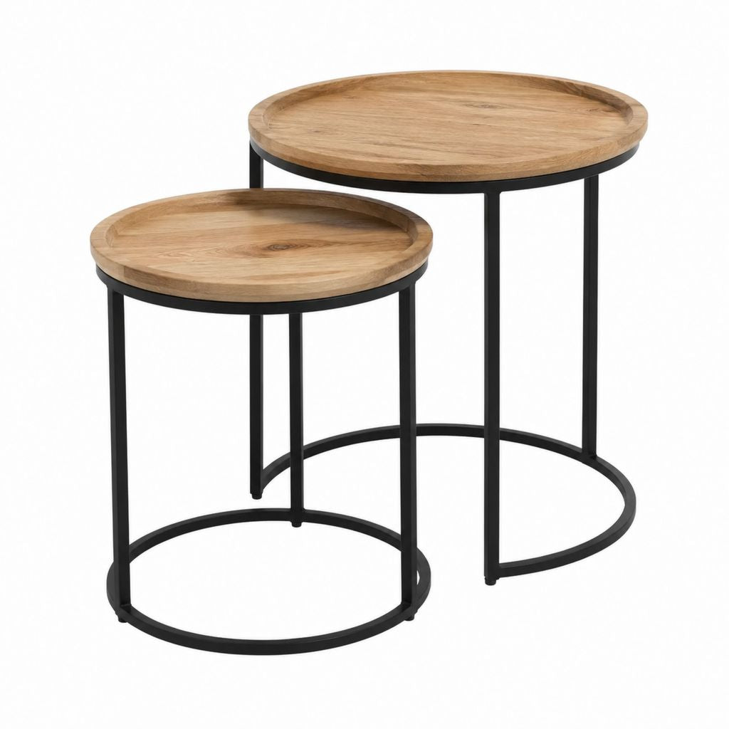 Beistelltisch Set 2-teilig Natur Schwarz Massives Mangoholz Stahl Rund Ø 50 x 60 cm Ø 40 x 45 cm
