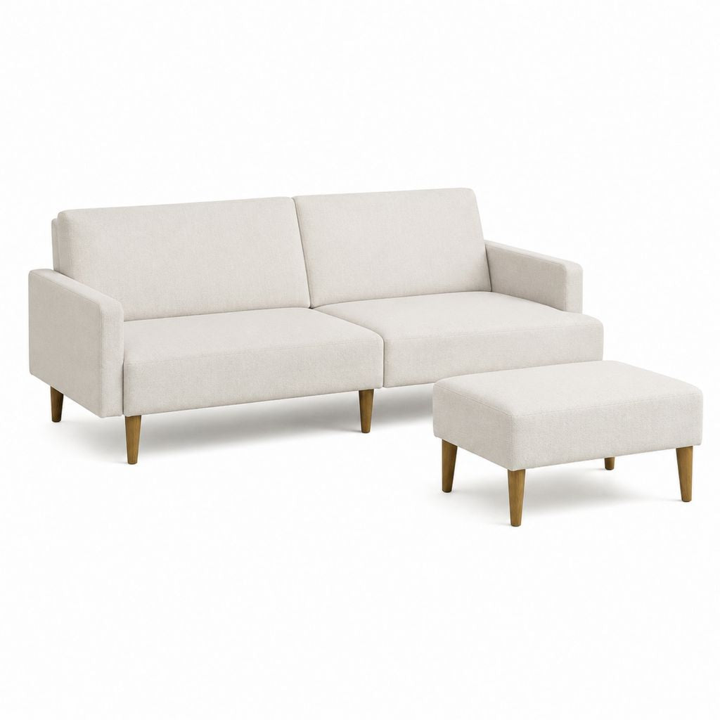 2-Sitzer Sofa Set Creme 100% Polyester Rechteckig mit Hocker 160 x 85 x 82 cm