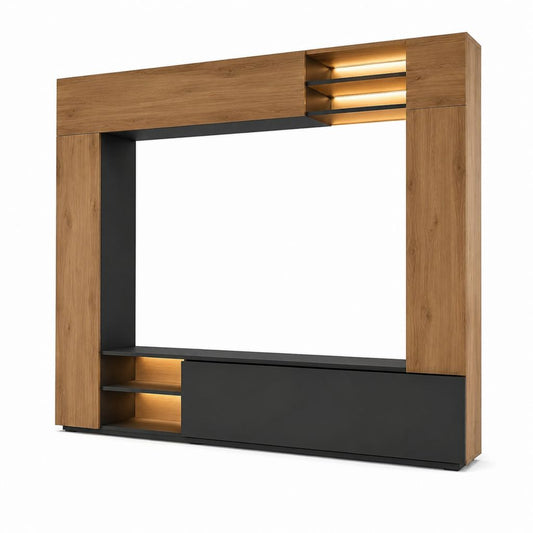 TV Wohnwand Set mit LED Beleuchtung Eichefarben Anthrazit Spanplatte Rechteckig 280 x 40 x 210 cm