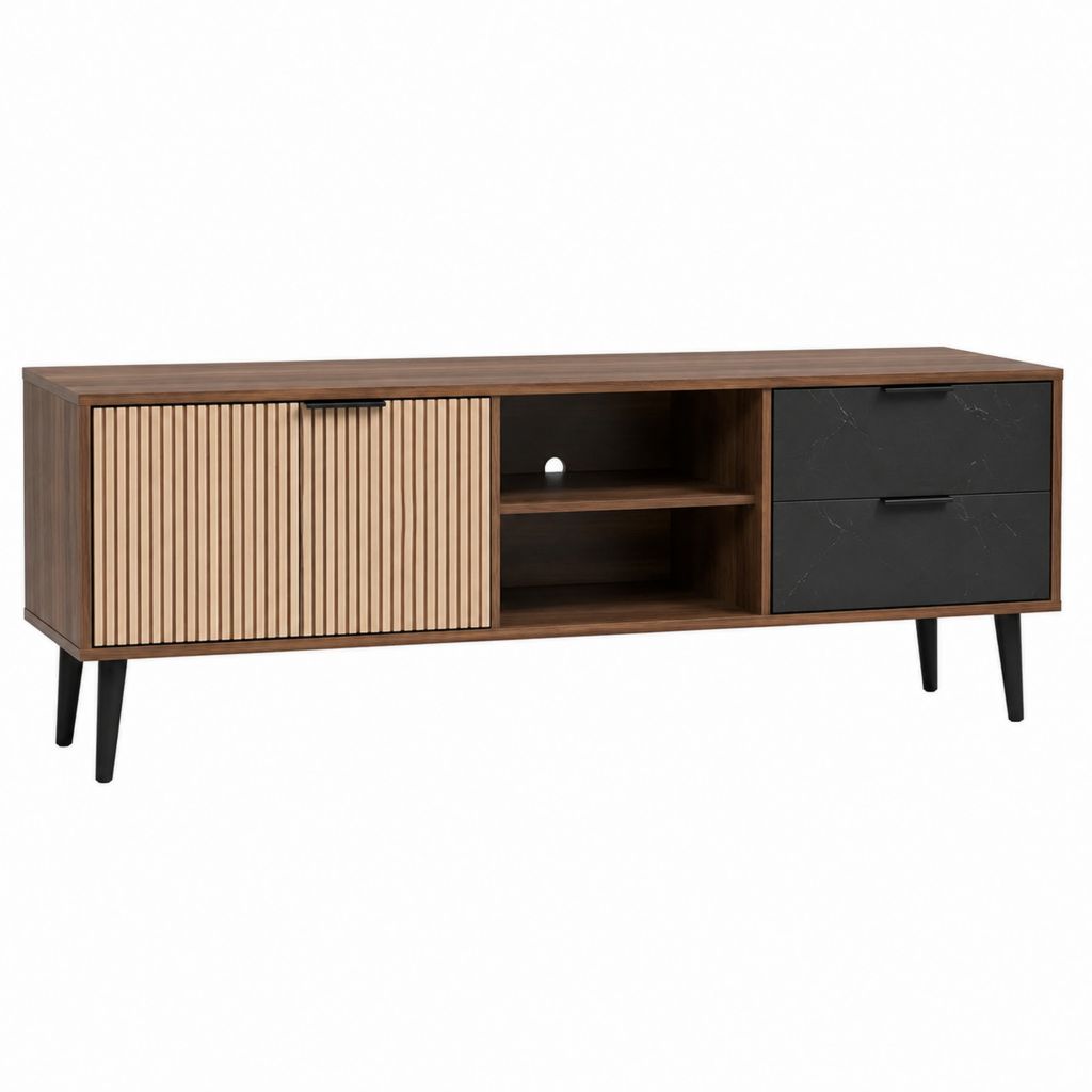 TV-Lowboard Walnuss Beige Schwarz aus MDF und Stahl 160 x 40 x 60 cm