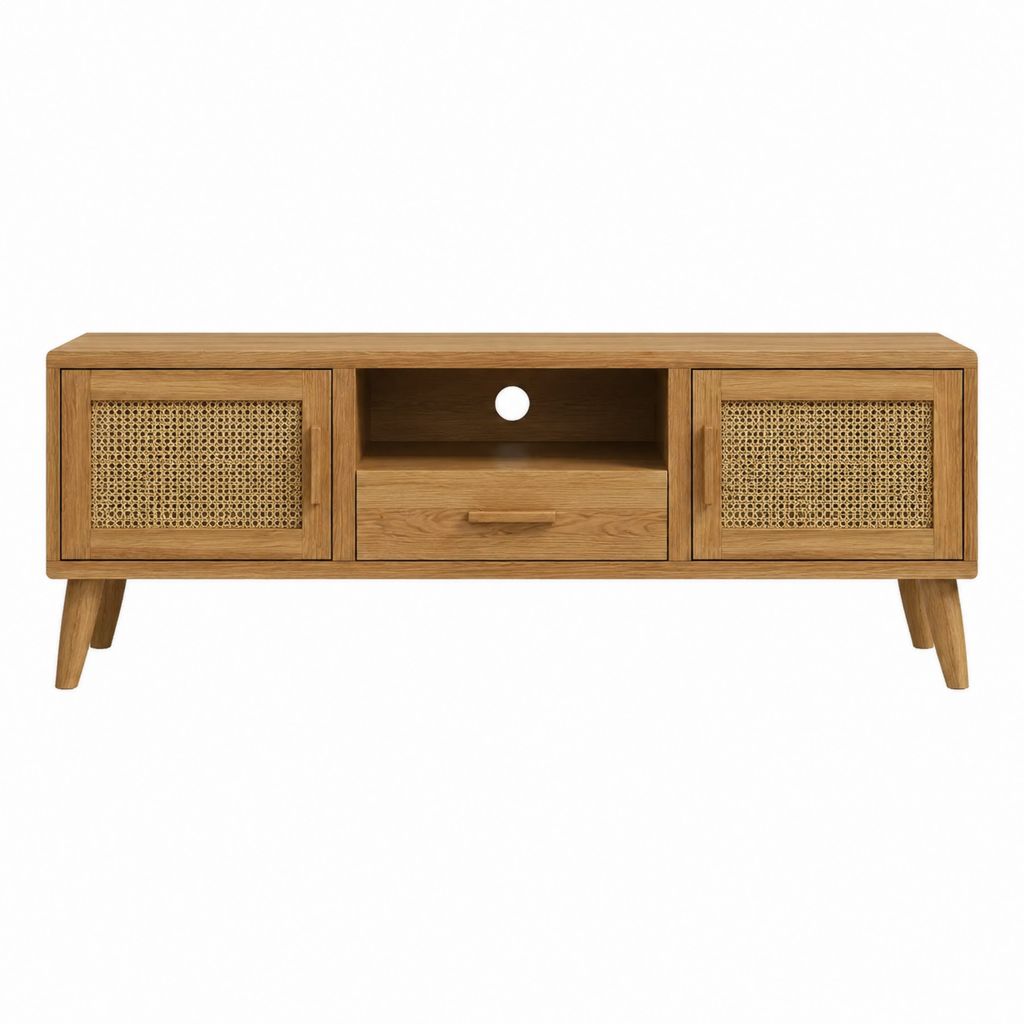 TV-Lowboard aus Eichenholz und Rattan Natur 120 x 40 x 55 cm mit 2 Türen Schublade und Kabeldurchlass