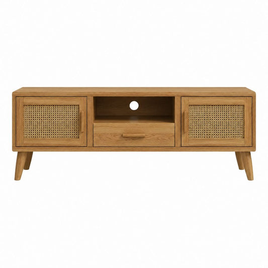 TV-Lowboard aus Eichenholz und Rattan Natur 120 x 40 x 55 cm mit 2 Türen Schublade und Kabeldurchlass