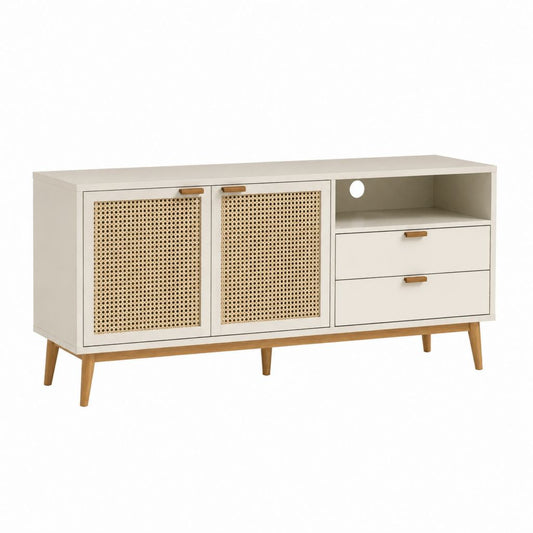TV-Lowboard Cremeweiß MDF Rattangeflecht rechteckig 140 x 40 x 75 cm