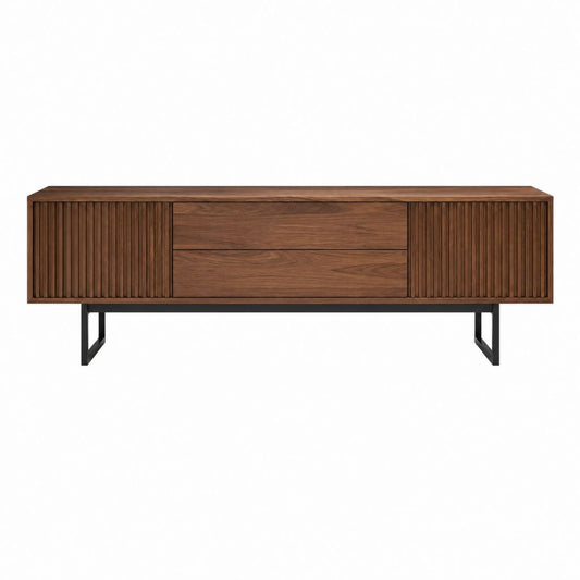 TV Lowboard Walnussfurnier Rechteckig mit 2 Türen 2 Schubladen Stahlgestell 180 x 40 x 60 cm