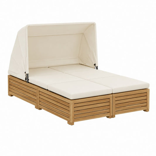 Doppel-Sonnenliege mit Sonnendach Creme Teakholz rechteckig 200 x 160 x 160 cm