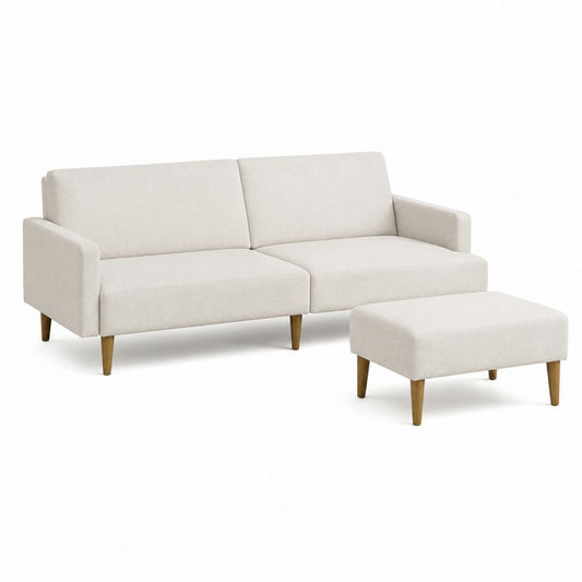 2-Sitzer Sofa Set Creme 100% Polyester Rechteckig mit Hocker 160 x 85 x 82 cm